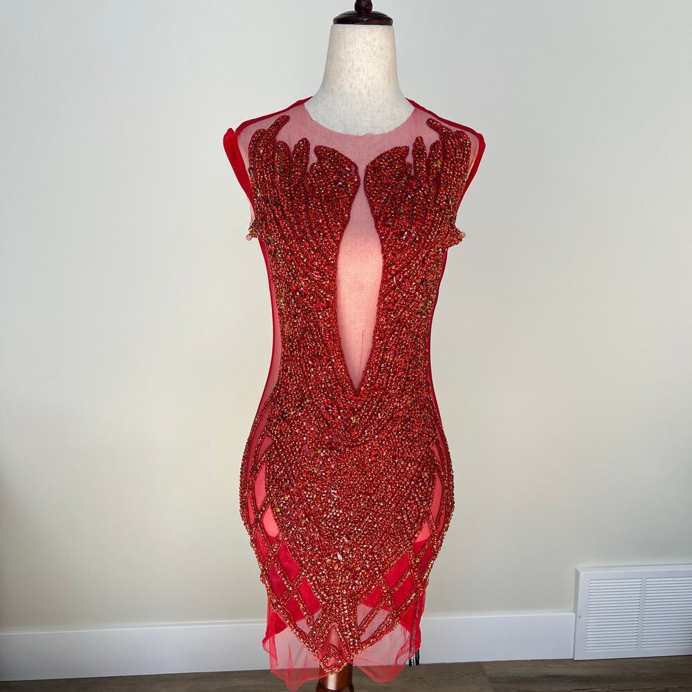 ALGIST Women's Beaded Embellished Mini Dress Size XS/S In Red